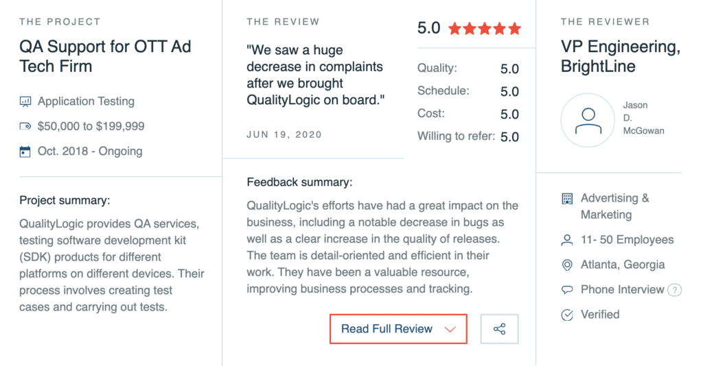Screenshot of 5 star review for QA Support for OTT Ad Tech Firm from the VP of Engineering at BrightLine