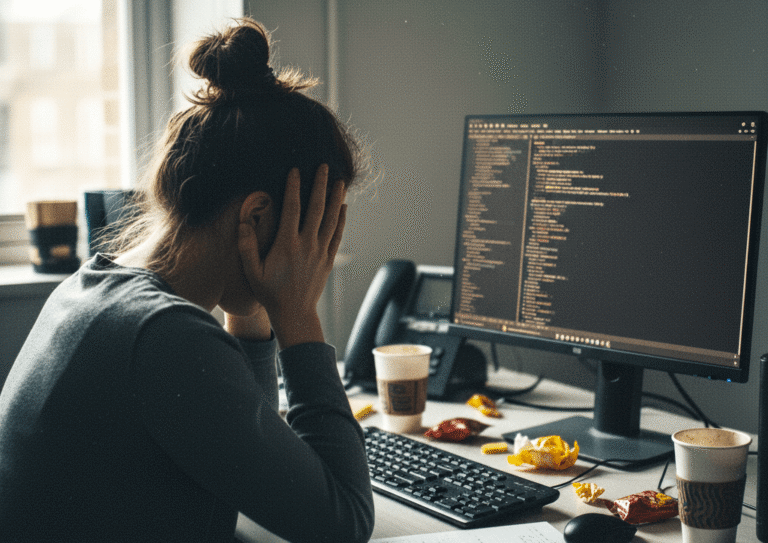 A frustrated software engineer sits in front of their computer after a failed test automation effort