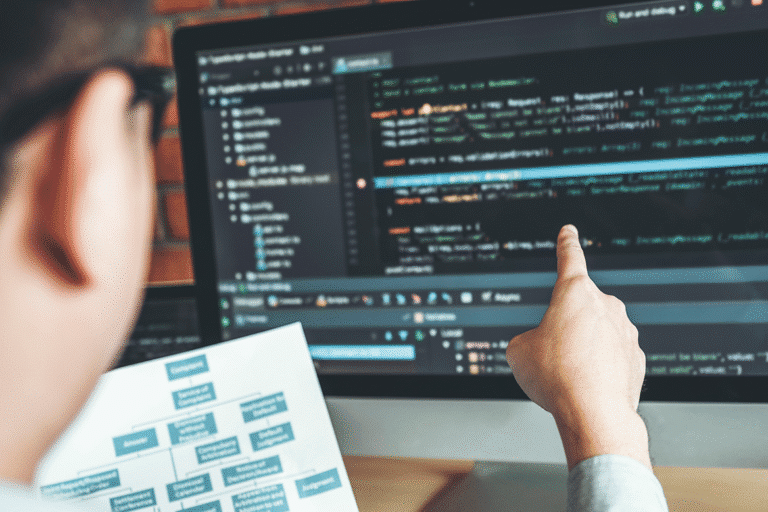 Man reviewing computer code on computer screen