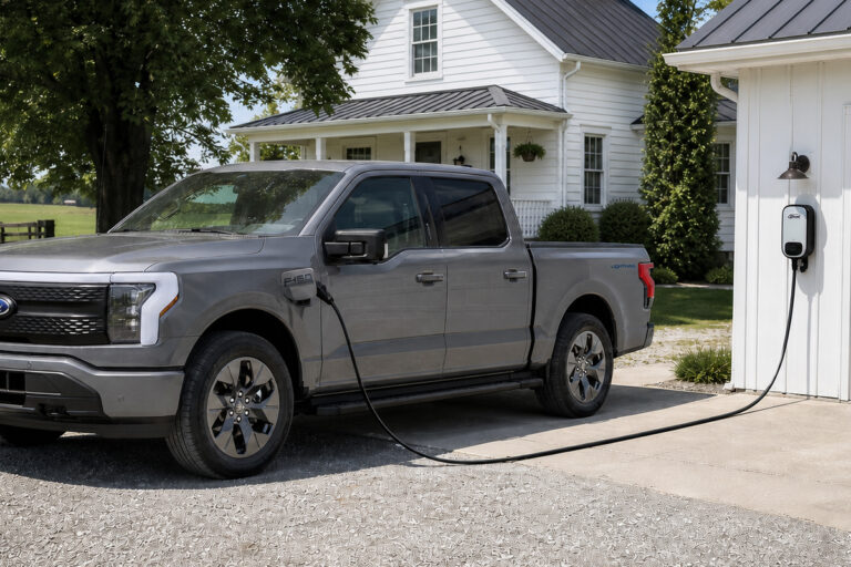 Truck EV parked in front of rural garage while charging.