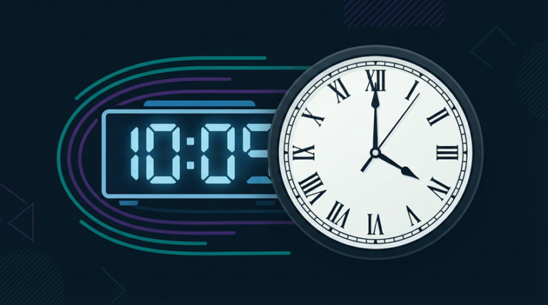 Illustration of a traditional analog clock with Roman numerals partly blocking a glowing digital clock with motion lines, each showing a different time.