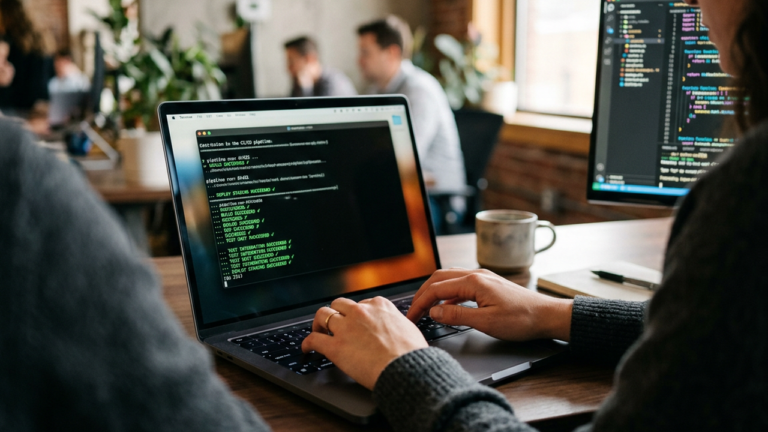 Developer typing on a laptop that shows green CI/CD pipeline build and deploy succeeded logs in a busy office